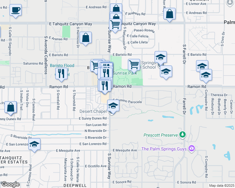 map of restaurants, bars, coffee shops, grocery stores, and more near 506 South Sunrise Way in Palm Springs