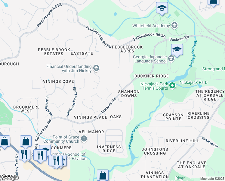 map of restaurants, bars, coffee shops, grocery stores, and more near 5700 Kilrush Court in Mableton
