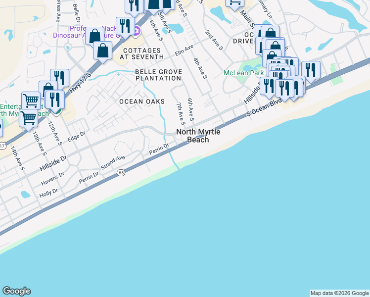 map of restaurants, bars, coffee shops, grocery stores, and more near 613 South Ocean Boulevard in North Myrtle Beach