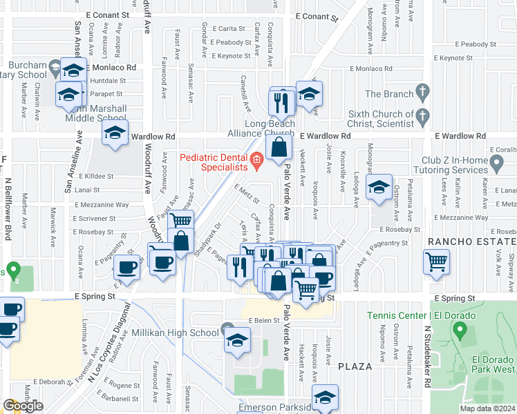 map of restaurants, bars, coffee shops, grocery stores, and more near 6266 East Metz Street in Long Beach