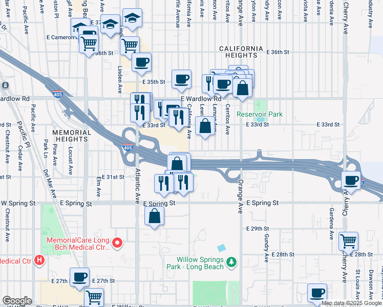 map of restaurants, bars, coffee shops, grocery stores, and more near 1000 East 32nd Street in Signal Hill