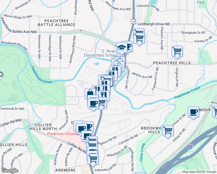 map of restaurants, bars, coffee shops, grocery stores, and more near 2221 Peachtree Park Drive Northeast in Atlanta