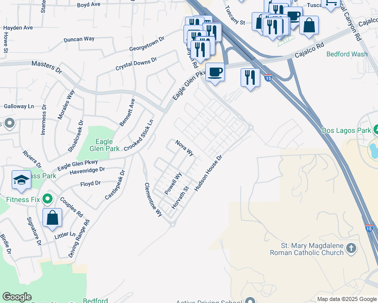 map of restaurants, bars, coffee shops, grocery stores, and more near Pompia Way in Corona