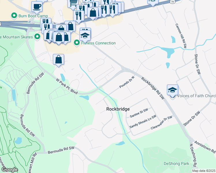 map of restaurants, bars, coffee shops, grocery stores, and more near 2423 West Park Place Boulevard in Stone Mountain