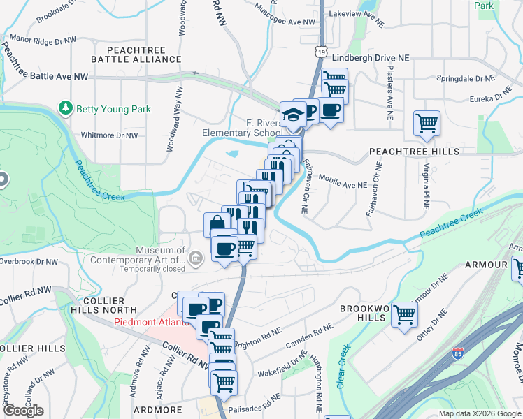 map of restaurants, bars, coffee shops, grocery stores, and more near 2233 Peachtree Road in Atlanta