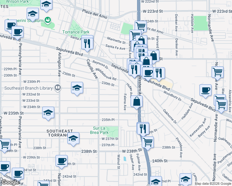 map of restaurants, bars, coffee shops, grocery stores, and more near 1923 West 233rd Street in Torrance