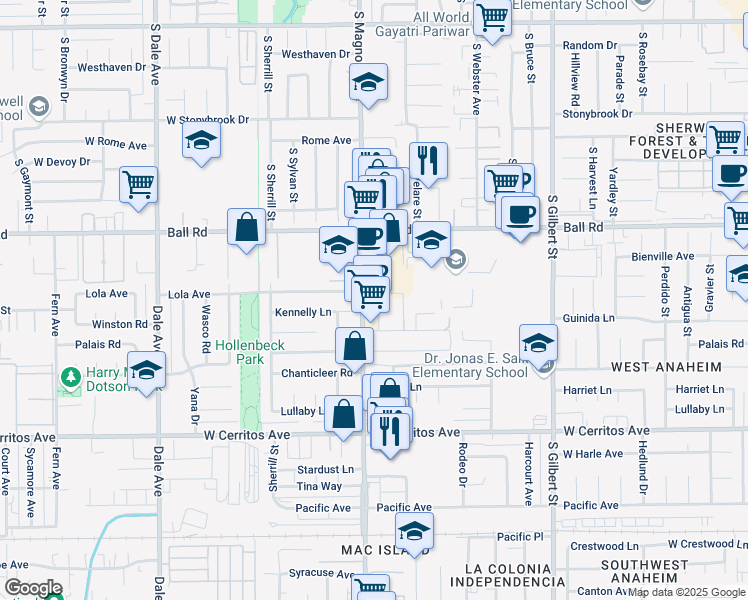 map of restaurants, bars, coffee shops, grocery stores, and more near 1282 South Magnolia Avenue in Anaheim