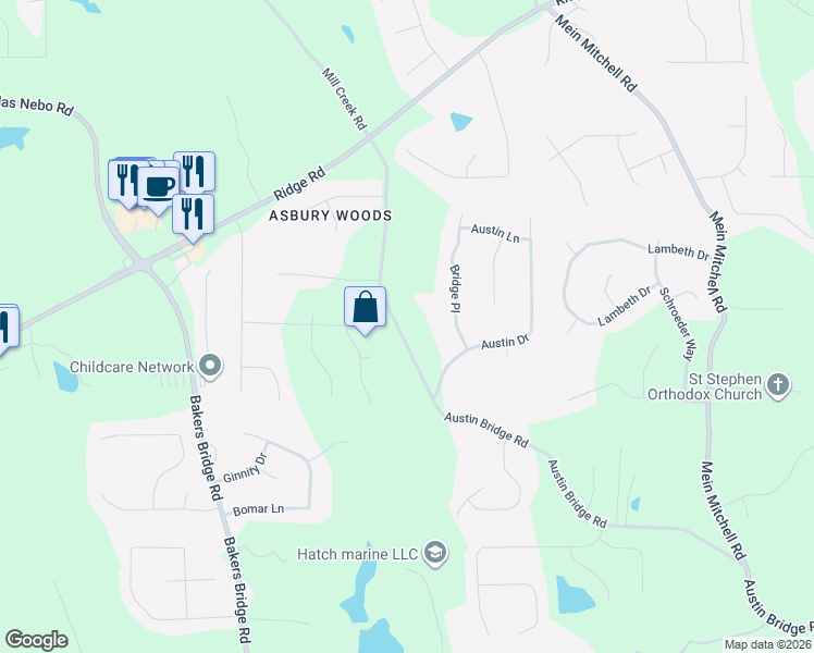 map of restaurants, bars, coffee shops, grocery stores, and more near 523 Austin Bridge Road in Douglasville