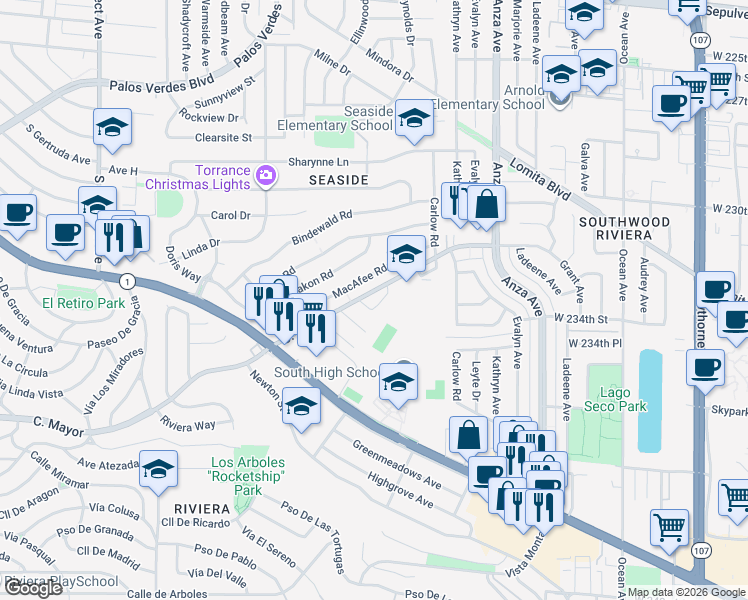 map of restaurants, bars, coffee shops, grocery stores, and more near 4815 Mayor Drive in Torrance