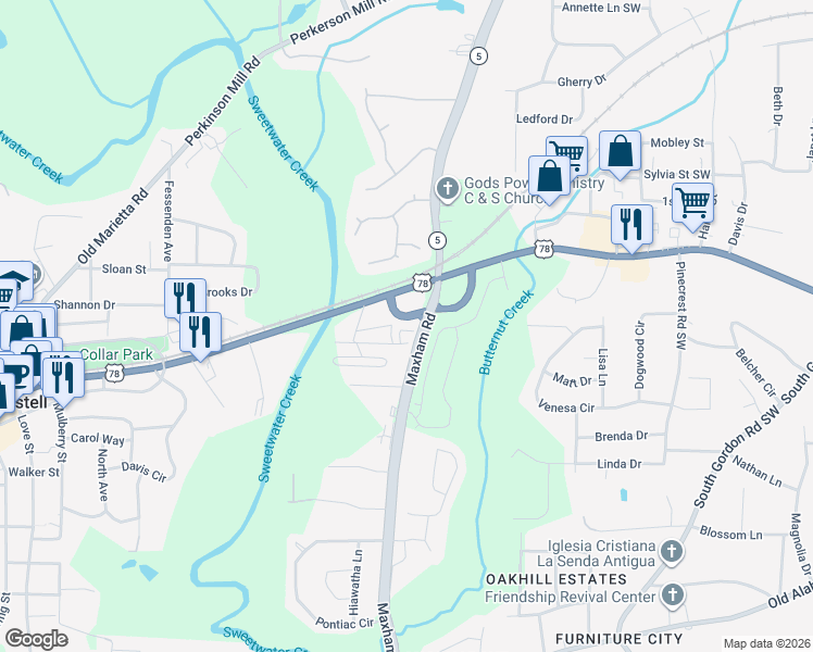 map of restaurants, bars, coffee shops, grocery stores, and more near 5730 Maxham Road in Austell