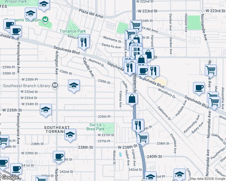 map of restaurants, bars, coffee shops, grocery stores, and more near 1905 West 232nd Street in Torrance