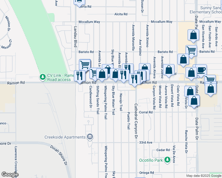 map of restaurants, bars, coffee shops, grocery stores, and more near 32185 Sky Blue Water Trail in Cathedral City