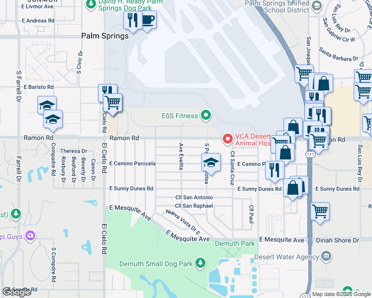 map of restaurants, bars, coffee shops, grocery stores, and more near 3965 East Calle De Carlos in Palm Springs