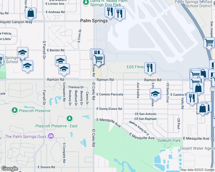 map of restaurants, bars, coffee shops, grocery stores, and more near 573 Desert Way in Palm Springs