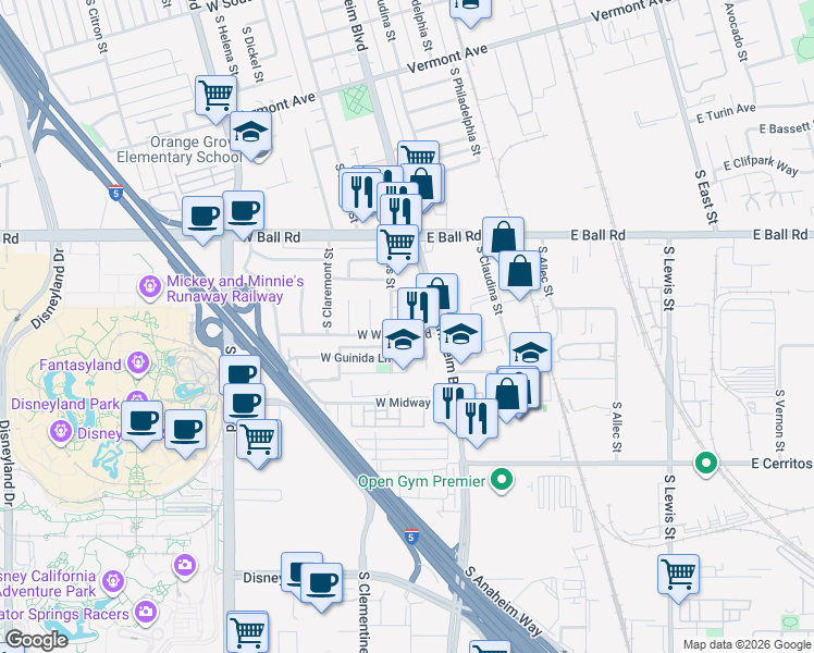 map of restaurants, bars, coffee shops, grocery stores, and more near 150 West Winston Road in Anaheim