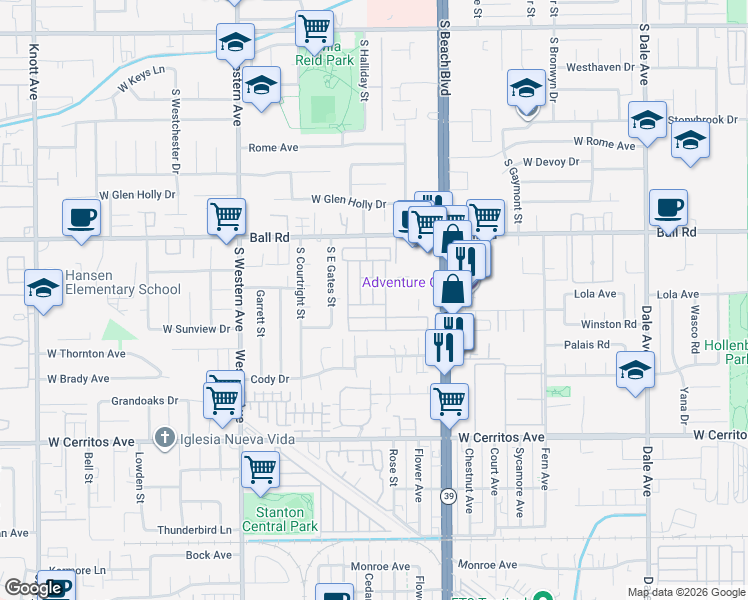 map of restaurants, bars, coffee shops, grocery stores, and more near 3050 West Ball Road in Anaheim