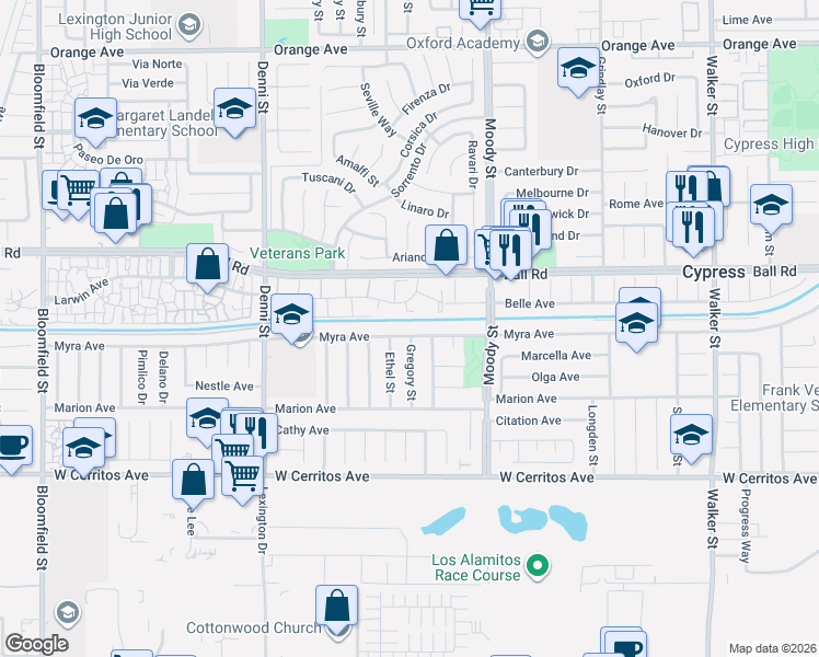 map of restaurants, bars, coffee shops, grocery stores, and more near 10162 Gregory Street in Cypress