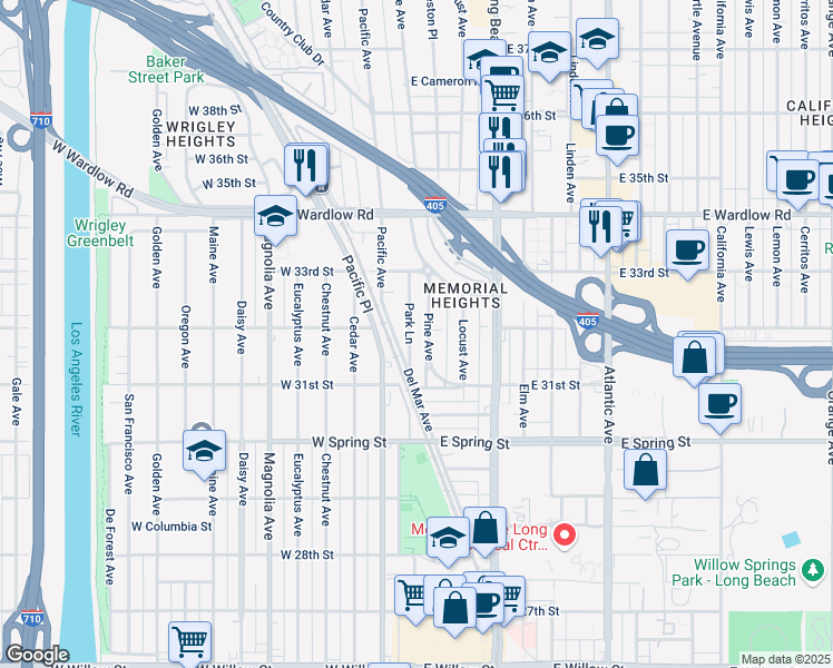 map of restaurants, bars, coffee shops, grocery stores, and more near 3150 Park Lane in Long Beach