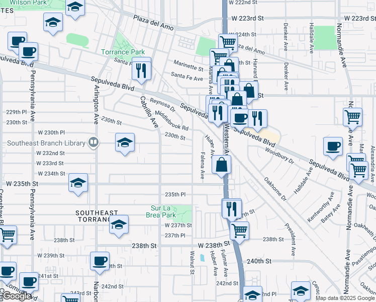 map of restaurants, bars, coffee shops, grocery stores, and more near 1923 West 233rd Street in Torrance