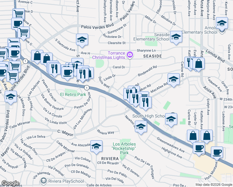 map of restaurants, bars, coffee shops, grocery stores, and more near 5312 Doris Way in Torrance