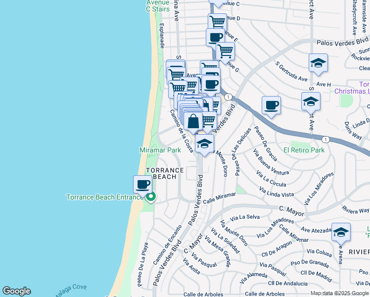 map of restaurants, bars, coffee shops, grocery stores, and more near 319 Palos Verdes Boulevard in Redondo Beach