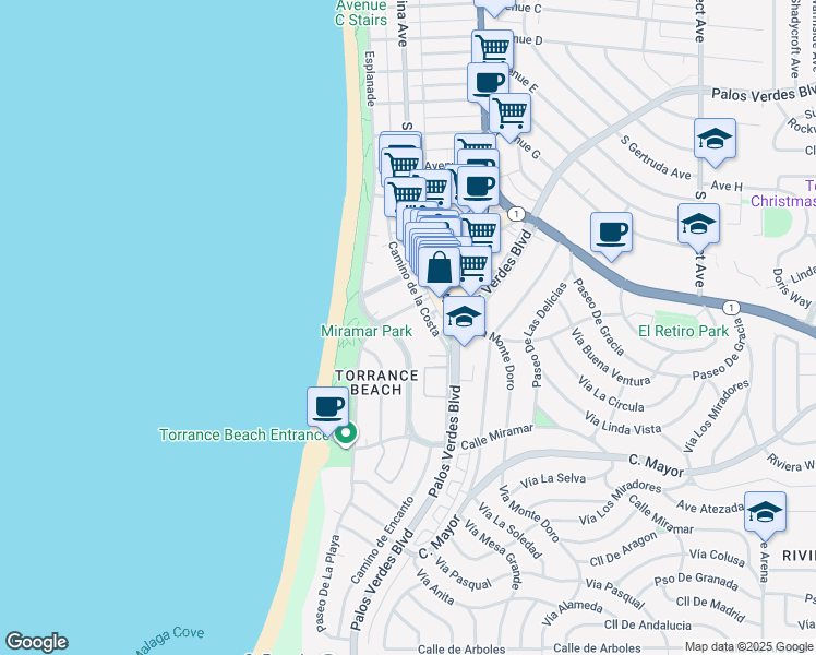 map of restaurants, bars, coffee shops, grocery stores, and more near 213 Calle Miramar in Redondo Beach