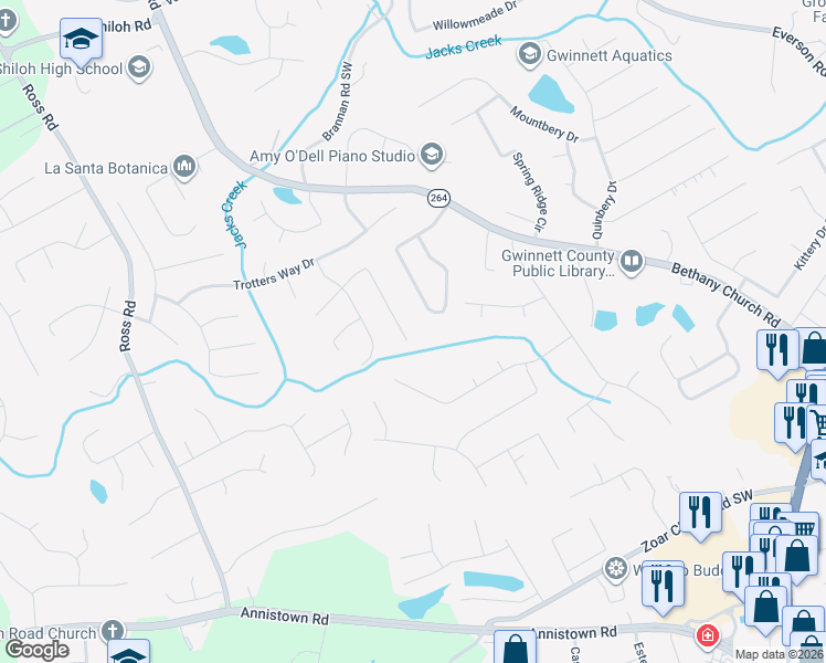 map of restaurants, bars, coffee shops, grocery stores, and more near 4035 Bridlegate Way in Snellville