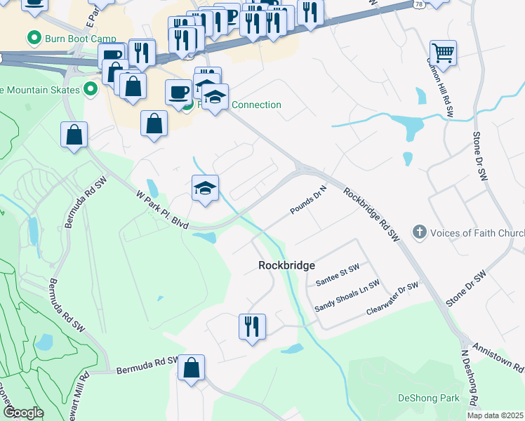 map of restaurants, bars, coffee shops, grocery stores, and more near 2423 West Park Place Boulevard in Stone Mountain