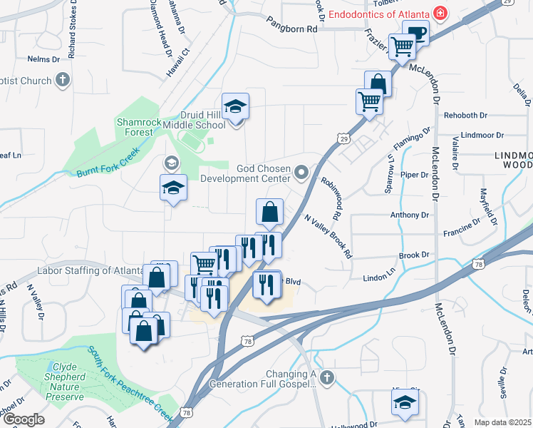 map of restaurants, bars, coffee shops, grocery stores, and more near 2961 Mount Olive Drive in Decatur