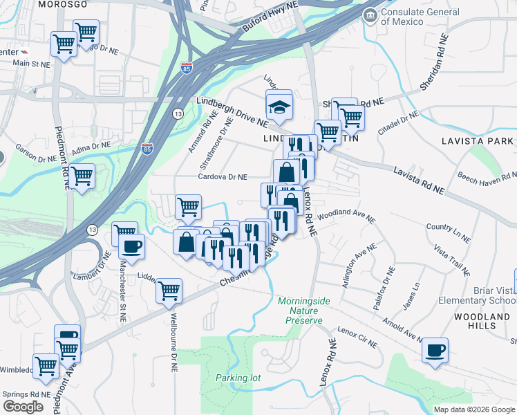 map of restaurants, bars, coffee shops, grocery stores, and more near 2124 Cheshire Bridge Road Northeast in Atlanta