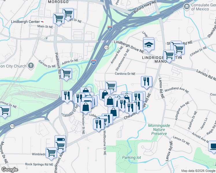 map of restaurants, bars, coffee shops, grocery stores, and more near 2177 Armand Road Northeast in Atlanta