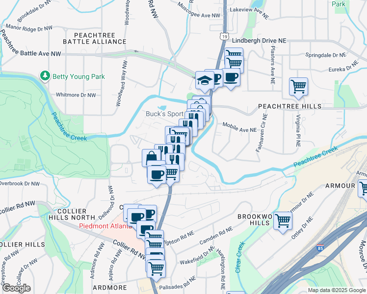 map of restaurants, bars, coffee shops, grocery stores, and more near 2221 Peachtree Park Drive Northeast in Atlanta