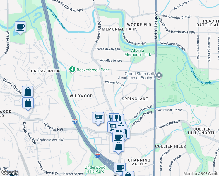 map of restaurants, bars, coffee shops, grocery stores, and more near 2164 Monterey Drive Northwest in Atlanta