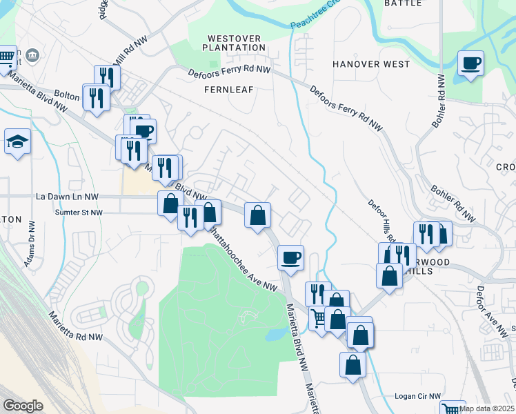 map of restaurants, bars, coffee shops, grocery stores, and more near 2171 Burnside Drive Northwest in Atlanta
