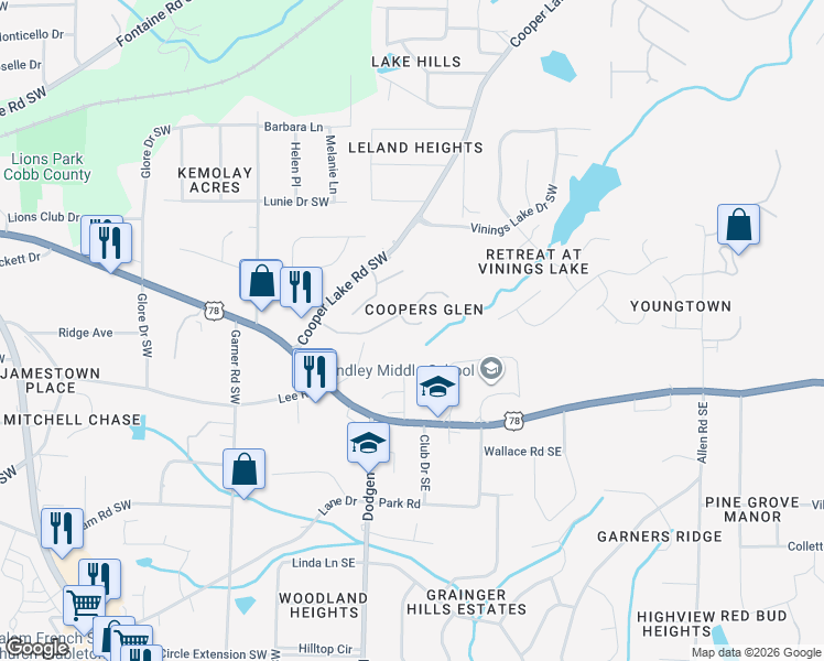 map of restaurants, bars, coffee shops, grocery stores, and more near 5664 Coopers Glen Court Southwest in Mableton