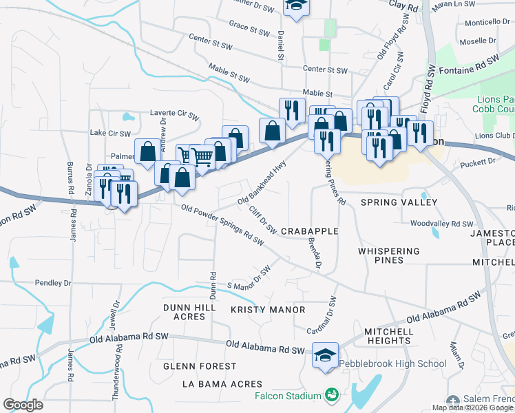 map of restaurants, bars, coffee shops, grocery stores, and more near 1116 Cliff Drive Southwest in Mableton