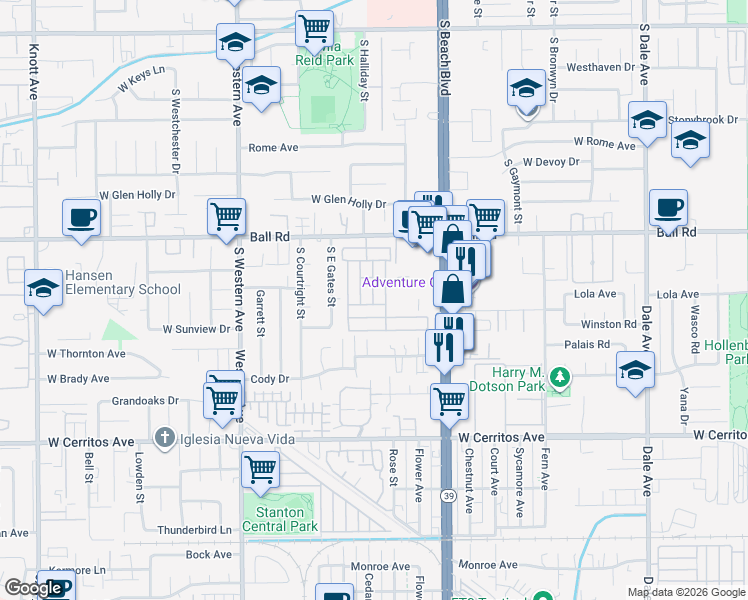 map of restaurants, bars, coffee shops, grocery stores, and more near 3050 West Ball Road in Anaheim