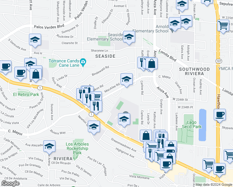 map of restaurants, bars, coffee shops, grocery stores, and more near 4815 Mayor Drive in Torrance