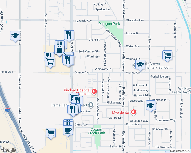 map of restaurants, bars, coffee shops, grocery stores, and more near 166 Ambrosia Court in Perris