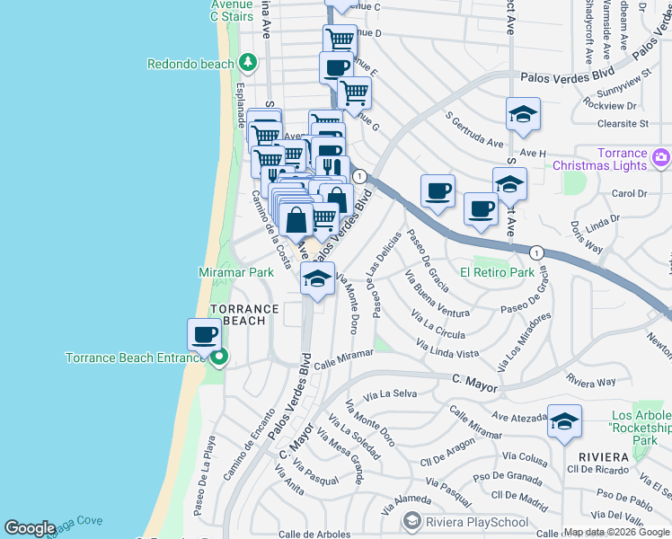 map of restaurants, bars, coffee shops, grocery stores, and more near 98 Via Monte Doro in Redondo Beach