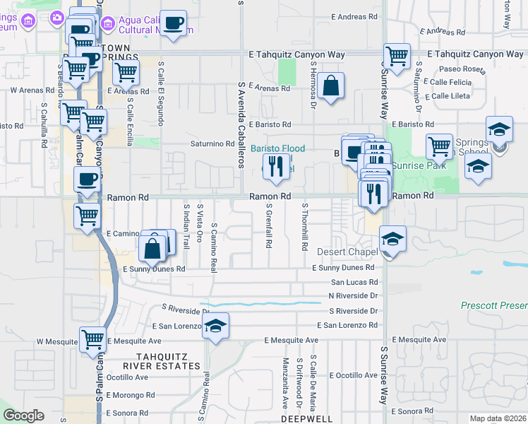 map of restaurants, bars, coffee shops, grocery stores, and more near 537 Grenfall Road in Palm Springs