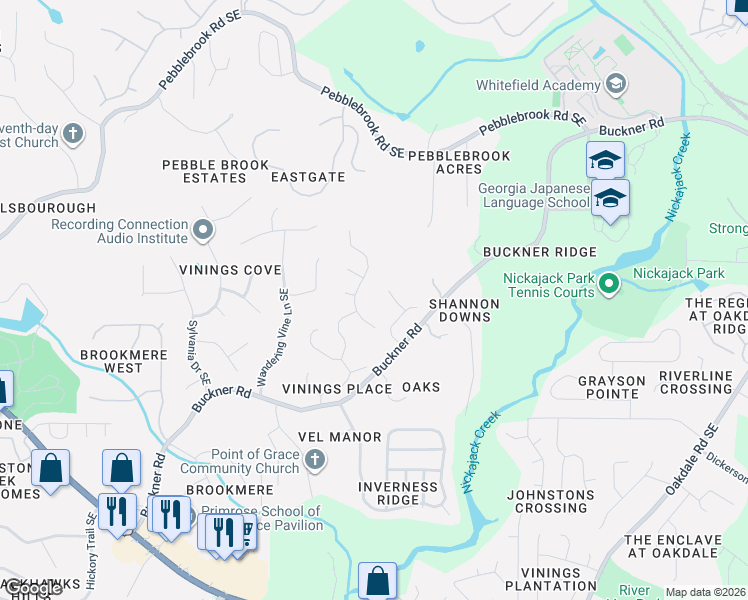 map of restaurants, bars, coffee shops, grocery stores, and more near 5637 Vinings Place Trail Southeast in Mableton