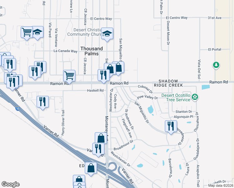 map of restaurants, bars, coffee shops, grocery stores, and more near 32121 Oakland Hills Street in Thousand Palms
