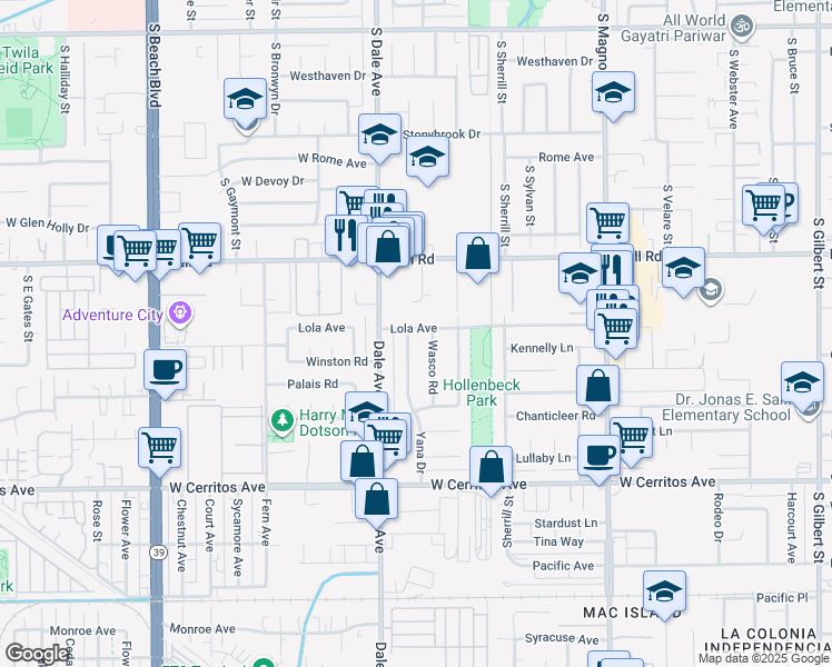 map of restaurants, bars, coffee shops, grocery stores, and more near 10212 Wasco Road in Stanton