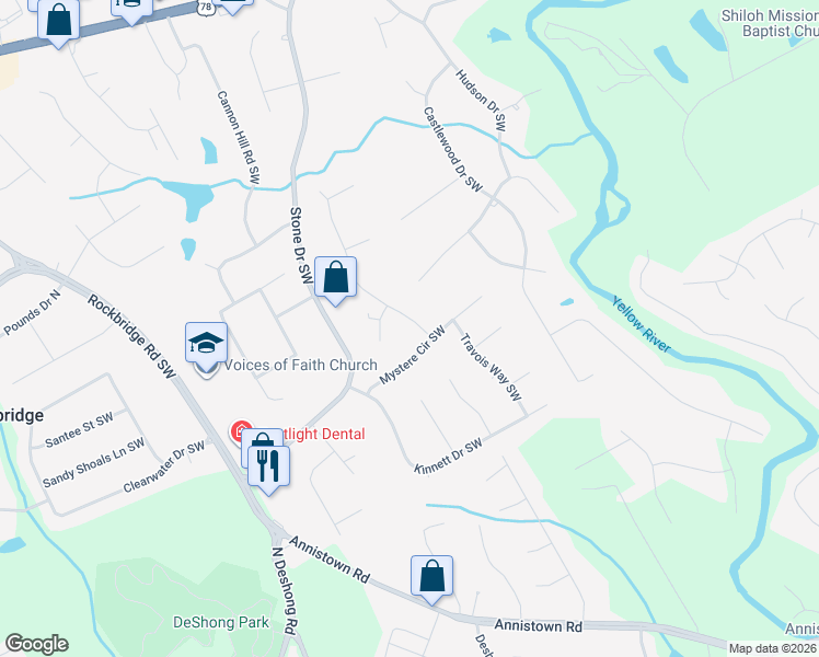 map of restaurants, bars, coffee shops, grocery stores, and more near 2547 Dakota Trail Southwest in Lilburn