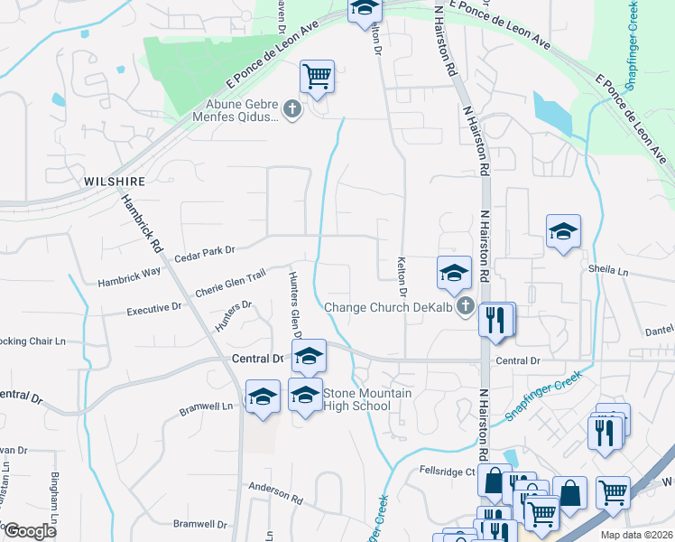 map of restaurants, bars, coffee shops, grocery stores, and more near 4780 Cherie Glen Court in Stone Mountain