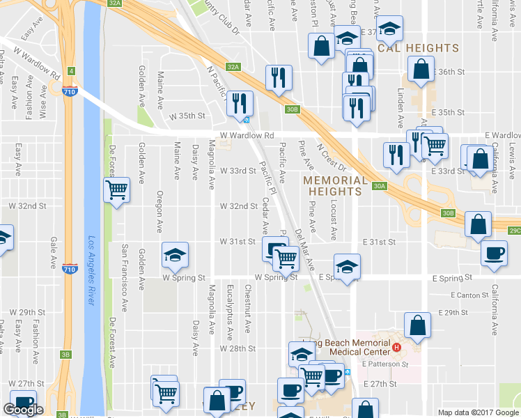 map of restaurants, bars, coffee shops, grocery stores, and more near 310 West 32nd Street in Long Beach