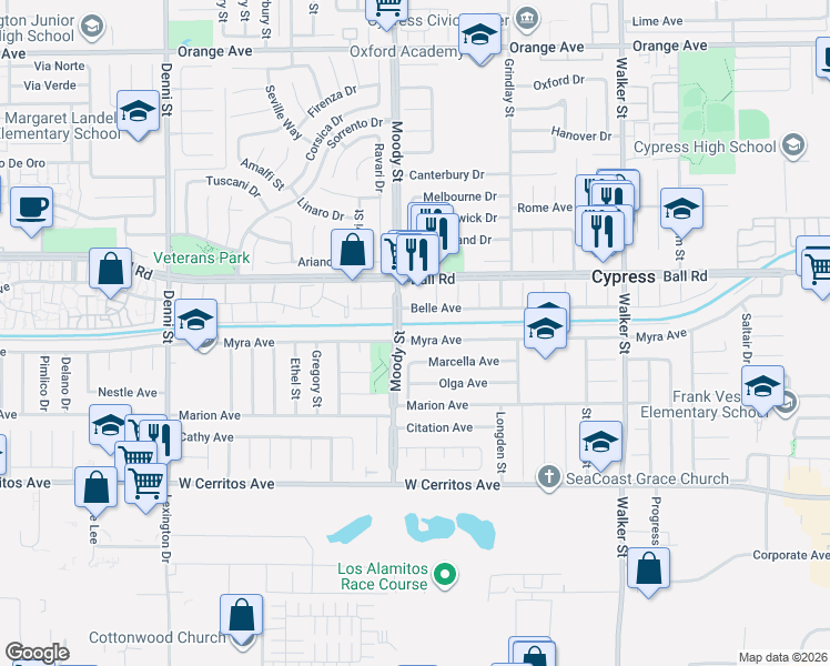 map of restaurants, bars, coffee shops, grocery stores, and more near 5041 Myra Avenue in Cypress