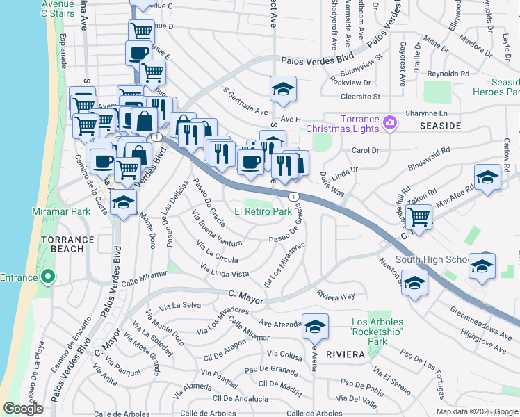 map of restaurants, bars, coffee shops, grocery stores, and more near 126 Vista Del Parque in Redondo Beach