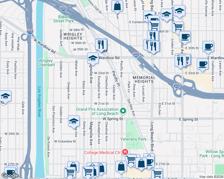 map of restaurants, bars, coffee shops, grocery stores, and more near 310 West 32nd Street in Long Beach
